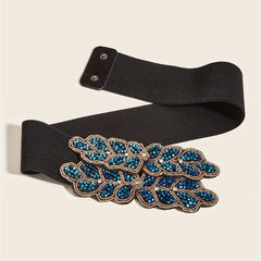 Wide Elastic Belt Double Row Rhinestone Flower Waistband
