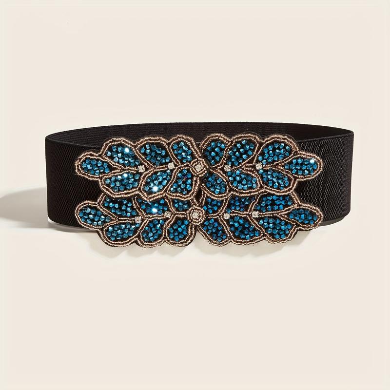 Wide Elastic Belt Double Row Rhinestone Flower Waistband