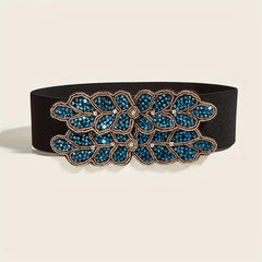 Wide Elastic Belt Double Row Rhinestone Flower Waistband