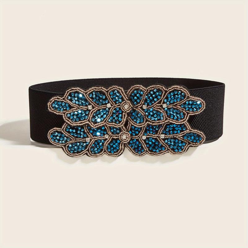Wide Elastic Belt Double Row Rhinestone Flower Waistband