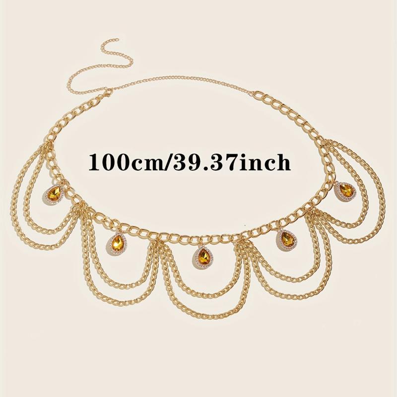 Crystal Pendant Waist Chain Layer Wave Tassel Metal Belly Chain