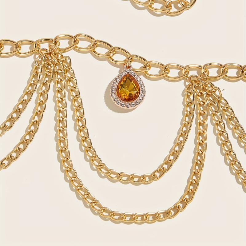 Crystal Pendant Waist Chain Layer Wave Tassel Metal Belly Chain