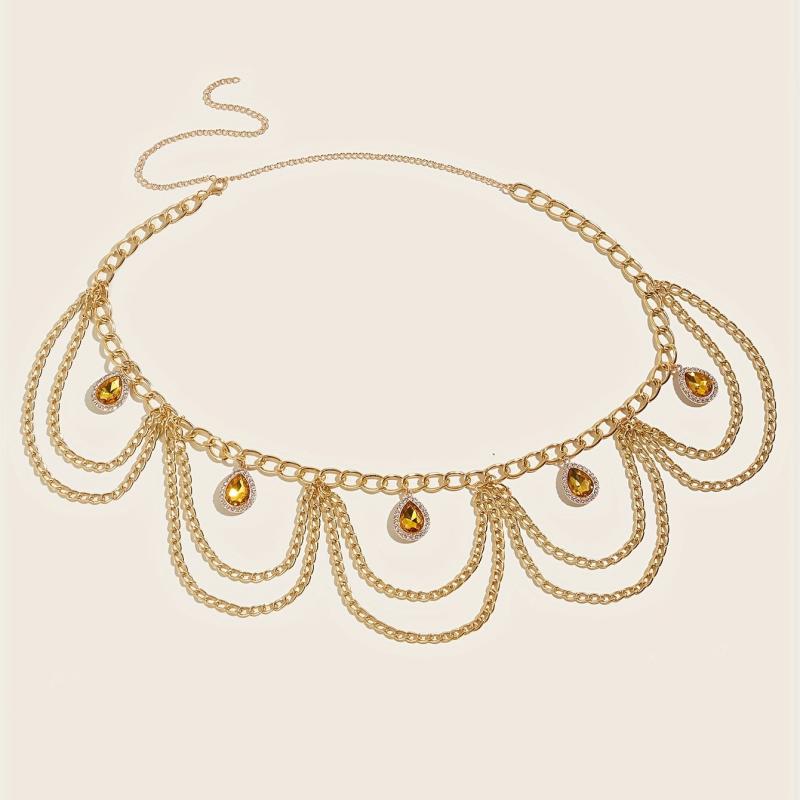 Crystal Pendant Waist Chain Layer Wave Tassel Metal Belly Chain