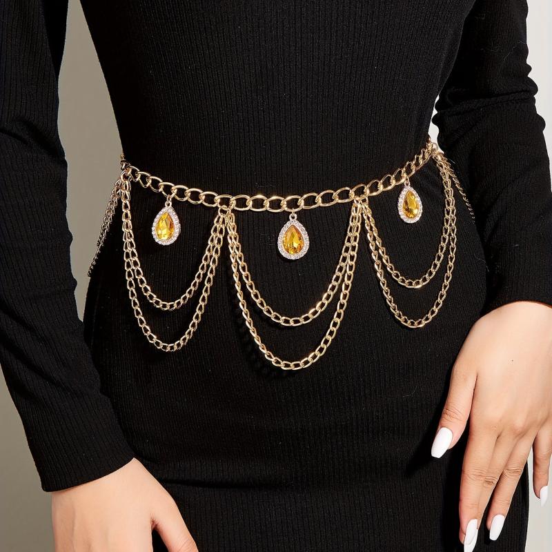 Crystal Pendant Waist Chain Layer Wave Tassel Metal Belly Chain