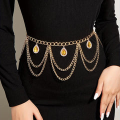 Crystal Pendant Waist Chain Layer Wave Tassel Metal Belly Chain