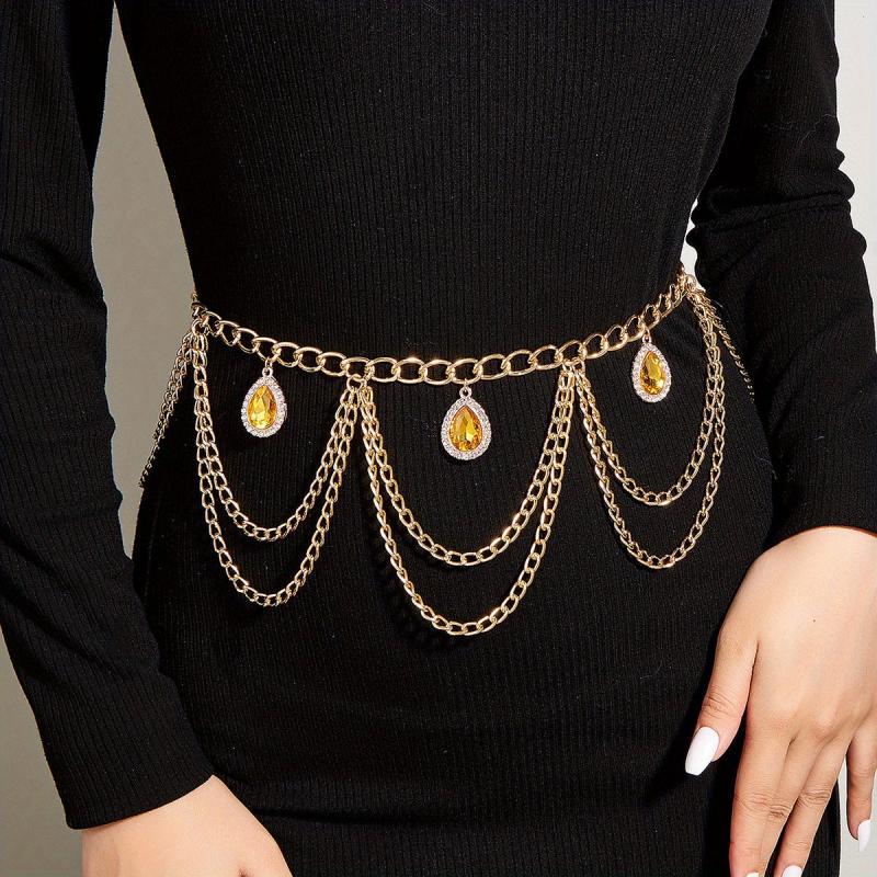 Crystal Pendant Waist Chain Layer Wave Tassel Metal Belly Chain