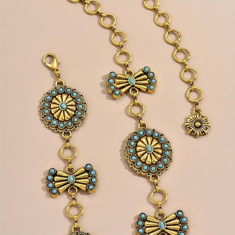 Turquoise Inlay Flower Metal Chain Vintage Bow Carved Belly Chain