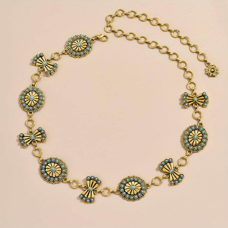 Turquoise Inlay Flower Metal Chain Vintage Bow Carved Belly Chain