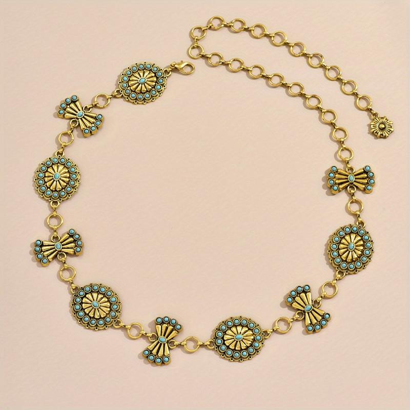 Turquoise Inlay Flower Metal Chain Vintage Bow Carved Belly Chain