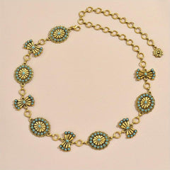 Turquoise Inlay Flower Metal Chain Vintage Bow Carved Belly Chain