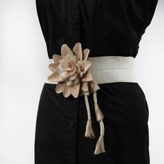 Flower Tassel Wide Belt Khaki Elastic Vintage PU Leather Coat Girdle