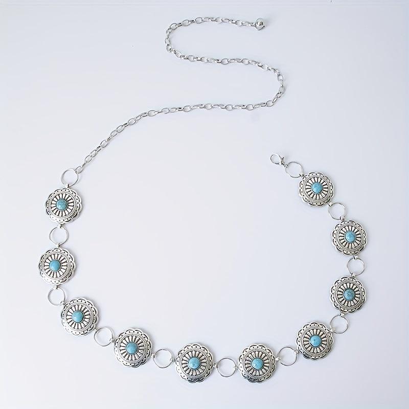 Vintage Silvery Turquoise Waist Chain with Tassel, Bohemian Belly Belt
