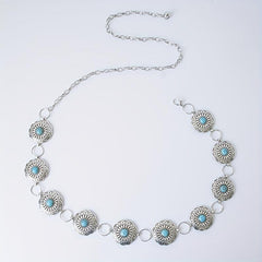 Vintage Silvery Turquoise Waist Chain with Tassel, Bohemian Belly Belt
