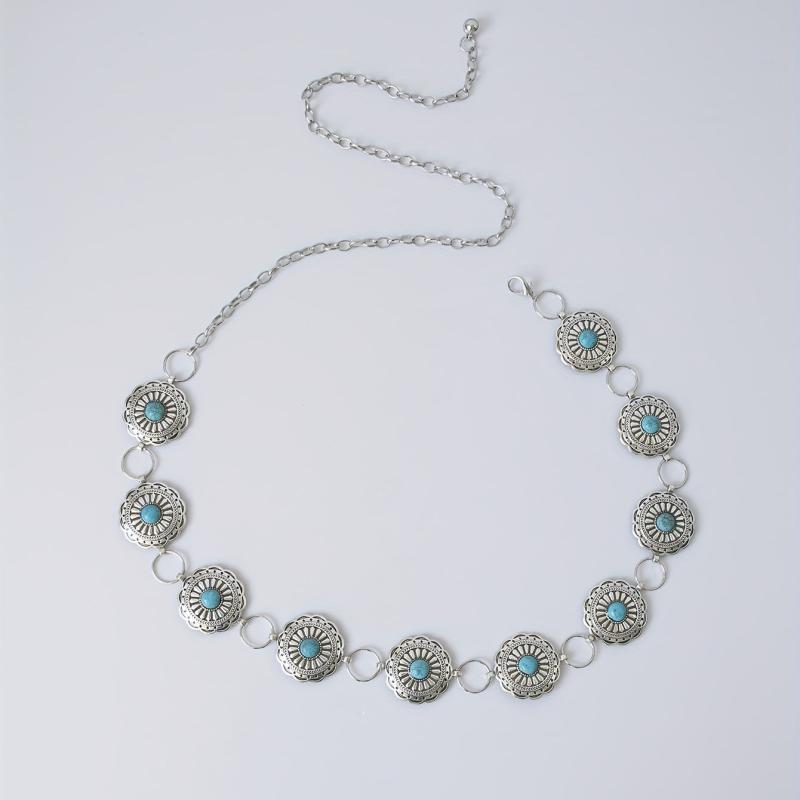 Vintage Silvery Turquoise Waist Chain with Tassel, Bohemian Belly Belt