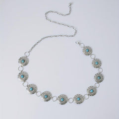 Vintage Silvery Turquoise Waist Chain with Tassel, Bohemian Belly Belt
