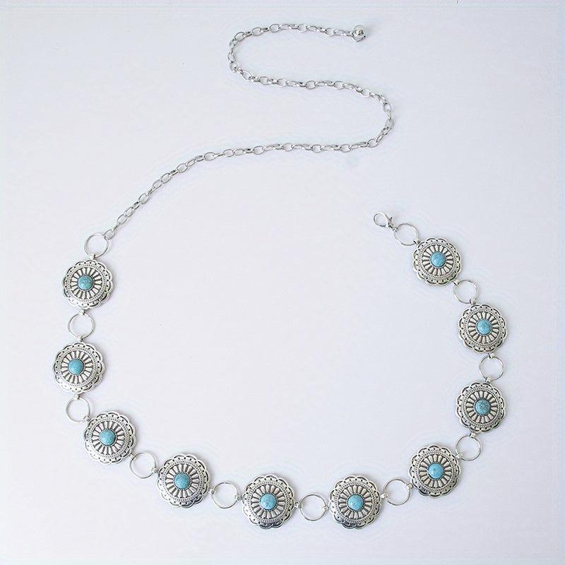 Vintage Silvery Turquoise Waist Chain with Tassel, Bohemian Belly Belt
