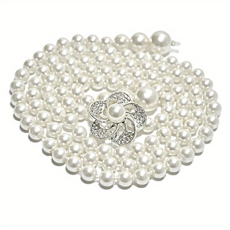 Faux Pearl Thin Belt Flower Buckle Sash Belt For Women