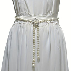 Faux Pearl Thin Belt Flower Buckle Sash Belt For Women