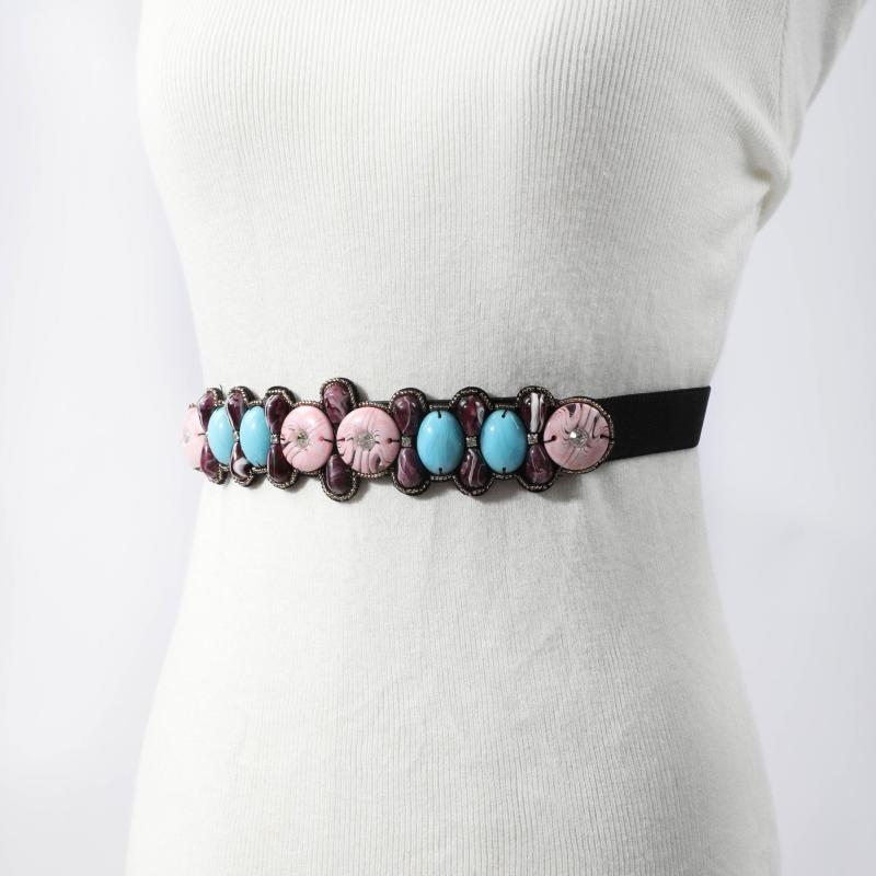 Boho Gemstone Belt Elastic Waistband Vintage PU Leather Dress Coat Girdle