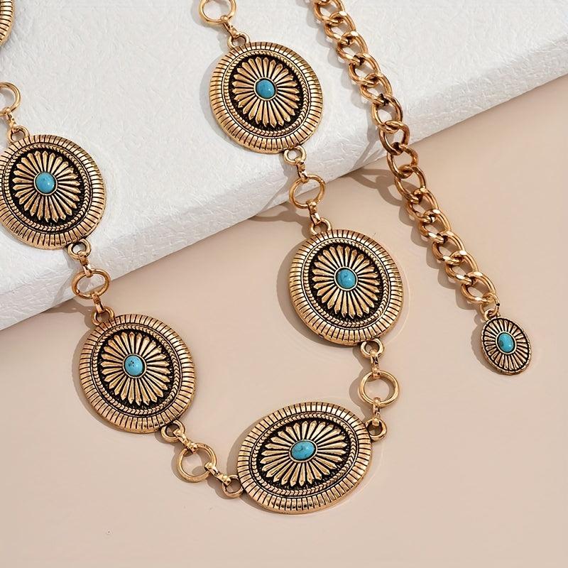 Vintage Turquoise Geometric Carved Tassel Waist Chain