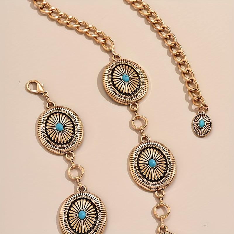 Vintage Turquoise Geometric Carved Tassel Waist Chain