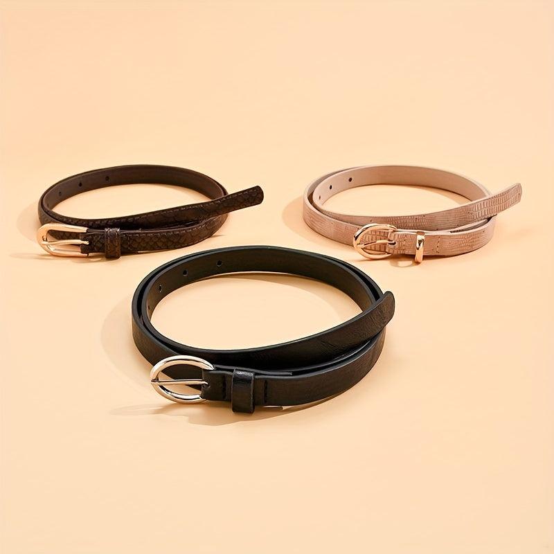 3pcs Oval Buckle PU Belt Solid Snake Pattern Embossed Girdle For Women