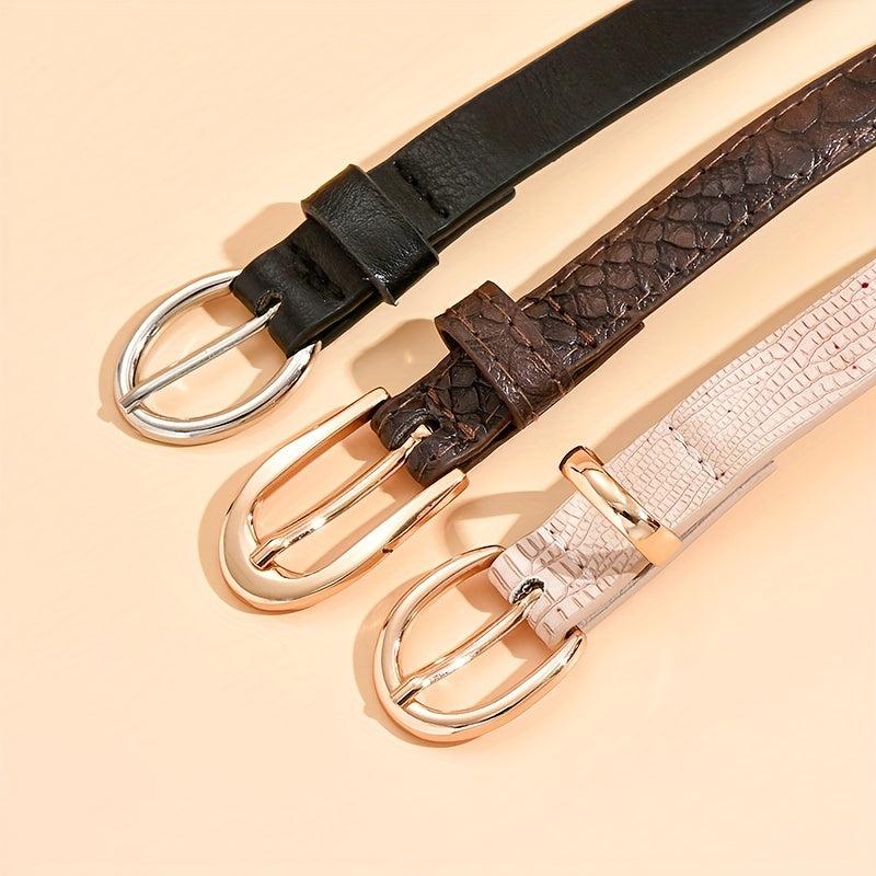 3pcs Oval Buckle PU Belt Solid Snake Pattern Embossed Girdle For Women