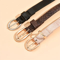 3pcs Oval Buckle PU Belt Solid Snake Pattern Embossed Girdle For Women