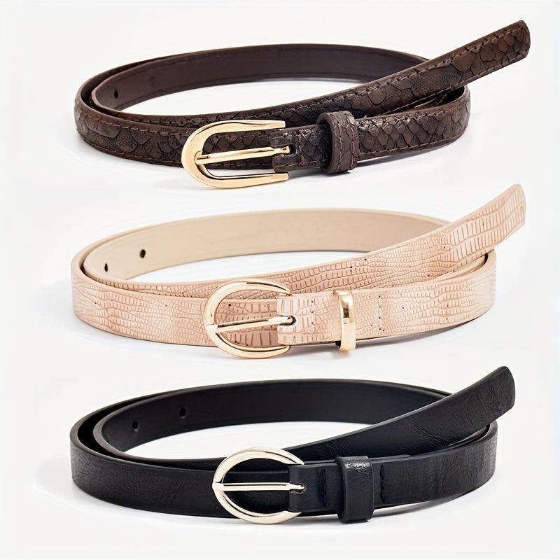 3pcs Oval Buckle PU Belt Solid Snake Pattern Embossed Girdle For Women