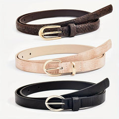 3pcs Oval Buckle PU Belt Solid Snake Pattern Embossed Girdle For Women