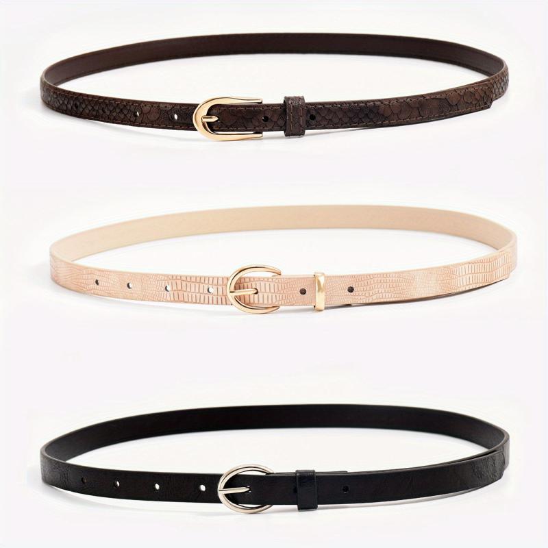 3pcs Oval Buckle PU Belt Solid Snake Pattern Embossed Girdle For Women