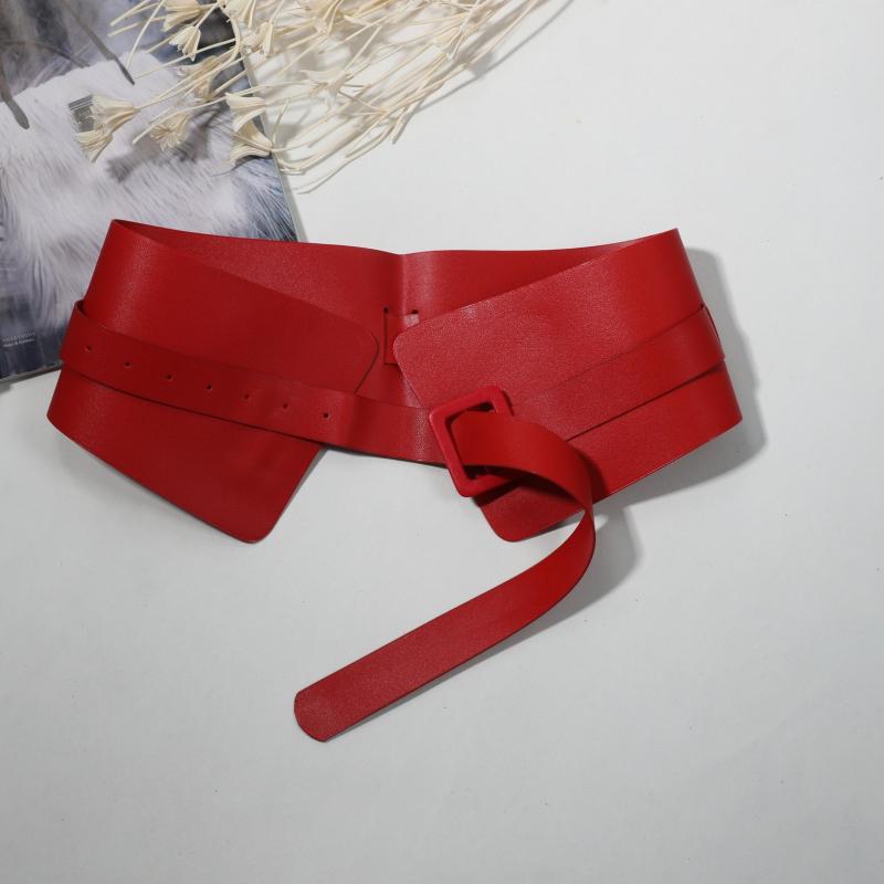 Red PU Corset Belt Adjustable Square Pin Buckle Classic Wide Waistband