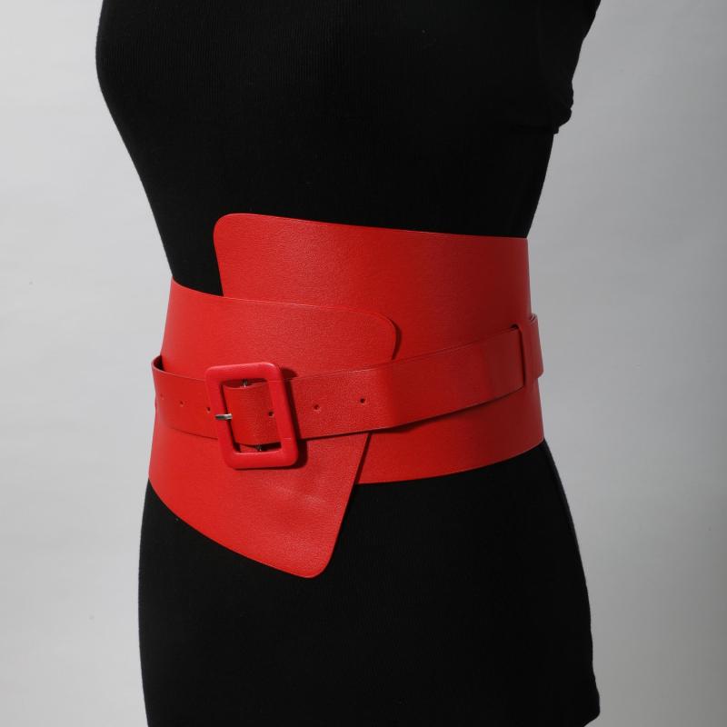 Red PU Corset Belt Adjustable Square Pin Buckle Classic Wide Waistband
