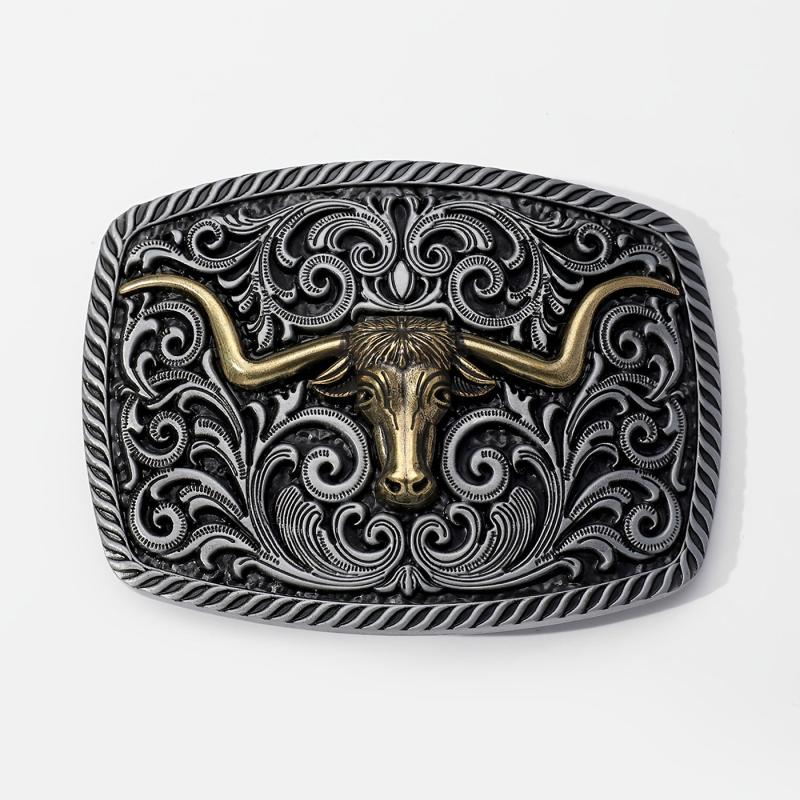 Rectangular Horn Bull Belt Buckle Engraved Vintage Cowboy Buckle