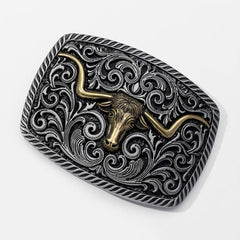 Rectangular Horn Bull Belt Buckle Engraved Vintage Cowboy Buckle