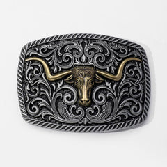 Rectangular Horn Bull Belt Buckle Engraved Vintage Cowboy Buckle