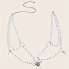 Butterfly Pendant Chain Belt with Pearl Tassel Punk Waist Girdle