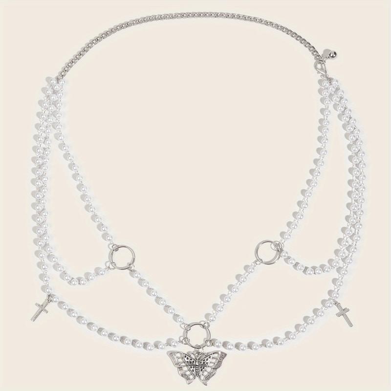 Butterfly Pendant Chain Belt with Pearl Tassel Punk Waist Girdle