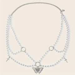 Butterfly Pendant Chain Belt with Pearl Tassel Punk Waist Girdle