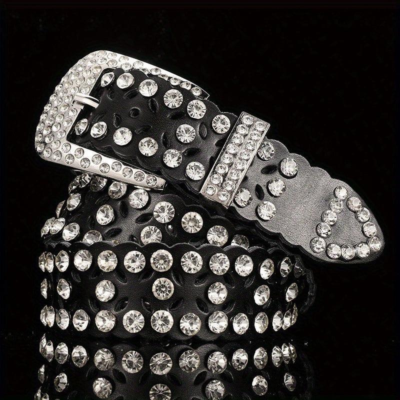 Lucky Clover Hollow Leather Belt Rhinestone Decor Hip Hop Casual Belt