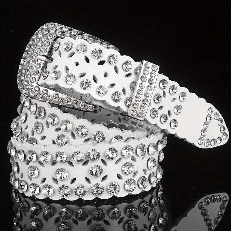 Lucky Clover Hollow Leather Belt Rhinestone Decor Hip Hop Casual Belt