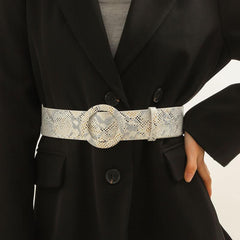  Snake Pattern Belt Round Buckle PU Leather Dress Coat Girdle Belts