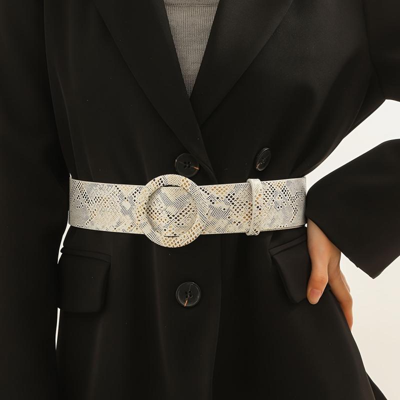  Snake Pattern Belt Round Buckle PU Leather Dress Coat Girdle Belts
