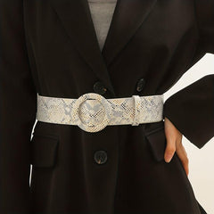  Snake Pattern Belt Round Buckle PU Leather Dress Coat Girdle Belts