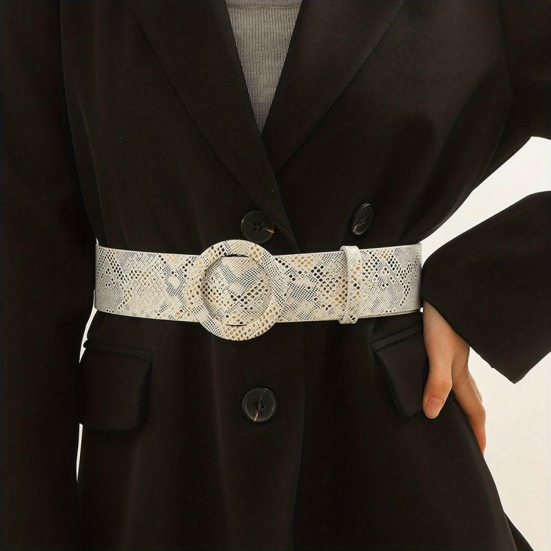 Snake Pattern Belt Round Buckle PU Leather Dress Coat Girdle Belts