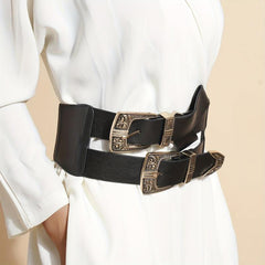 Double Layer Buckle Waistband Elastic Wide Belt Gothic Women Corset Dress Girdle