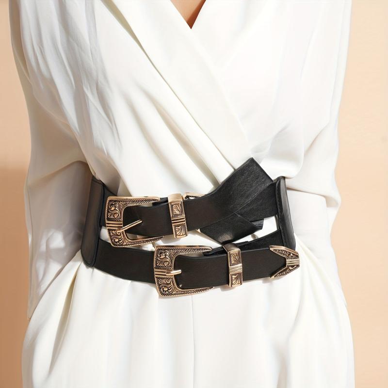 Double Layer Buckle Waistband Elastic Wide Belt Gothic Women Corset Dress Girdle