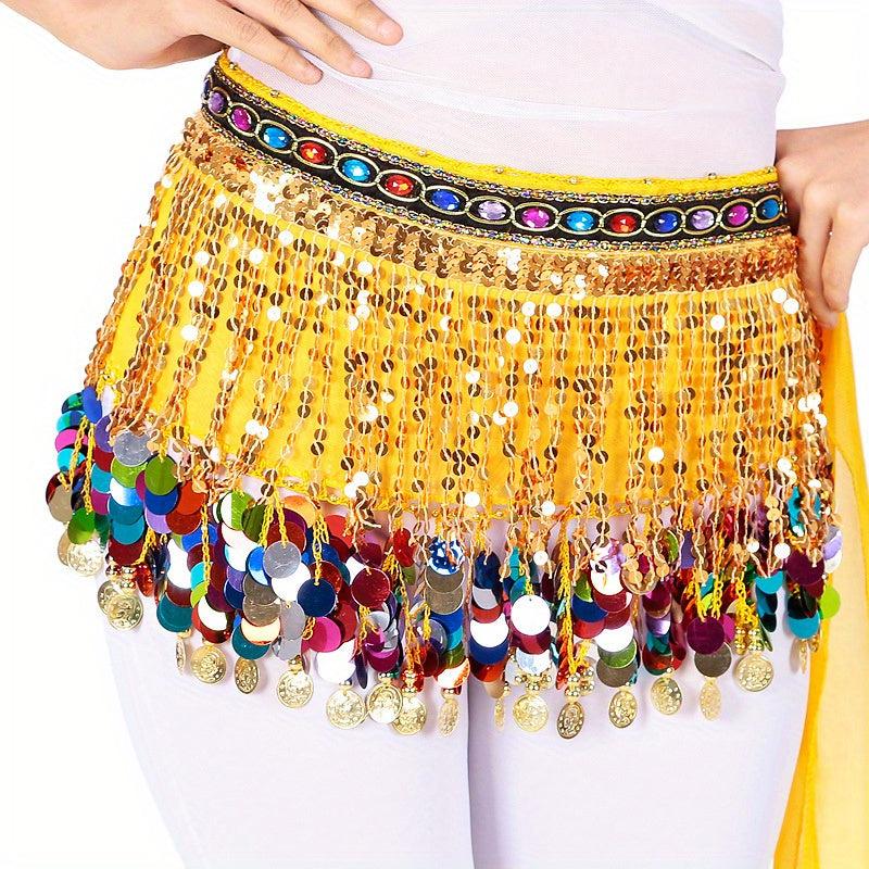 Boho Belly Dance Hip Scarf Tassel Waistband Glitter Colorful Beaded