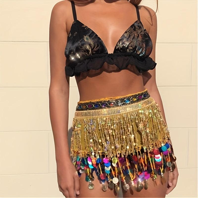 Boho Belly Dance Hip Scarf Tassel Waistband Glitter Colorful Beaded