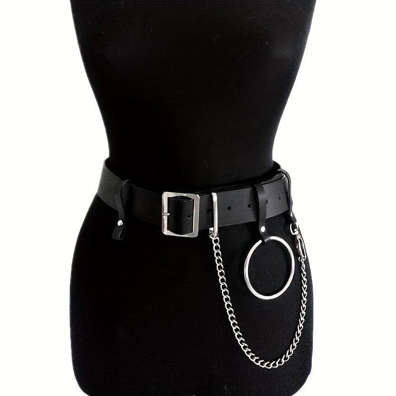 Punk Chain Ring Decor Belt PU Leather Waistband Gothic Adjustable Harness Belt